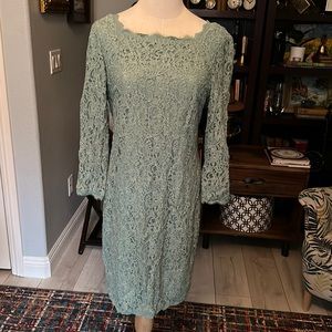 NWT Adrianna Papell Blueish Green Lace Dress Wedding 3/4 Length Sleeve sz 12
